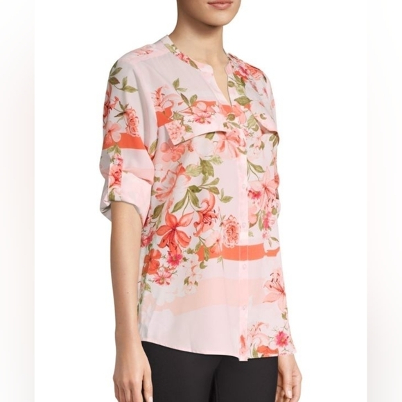 CALVIN KLEIN Botanical Roll-Sleeve Utility Blouse, Size Small - Picture 3 of 14